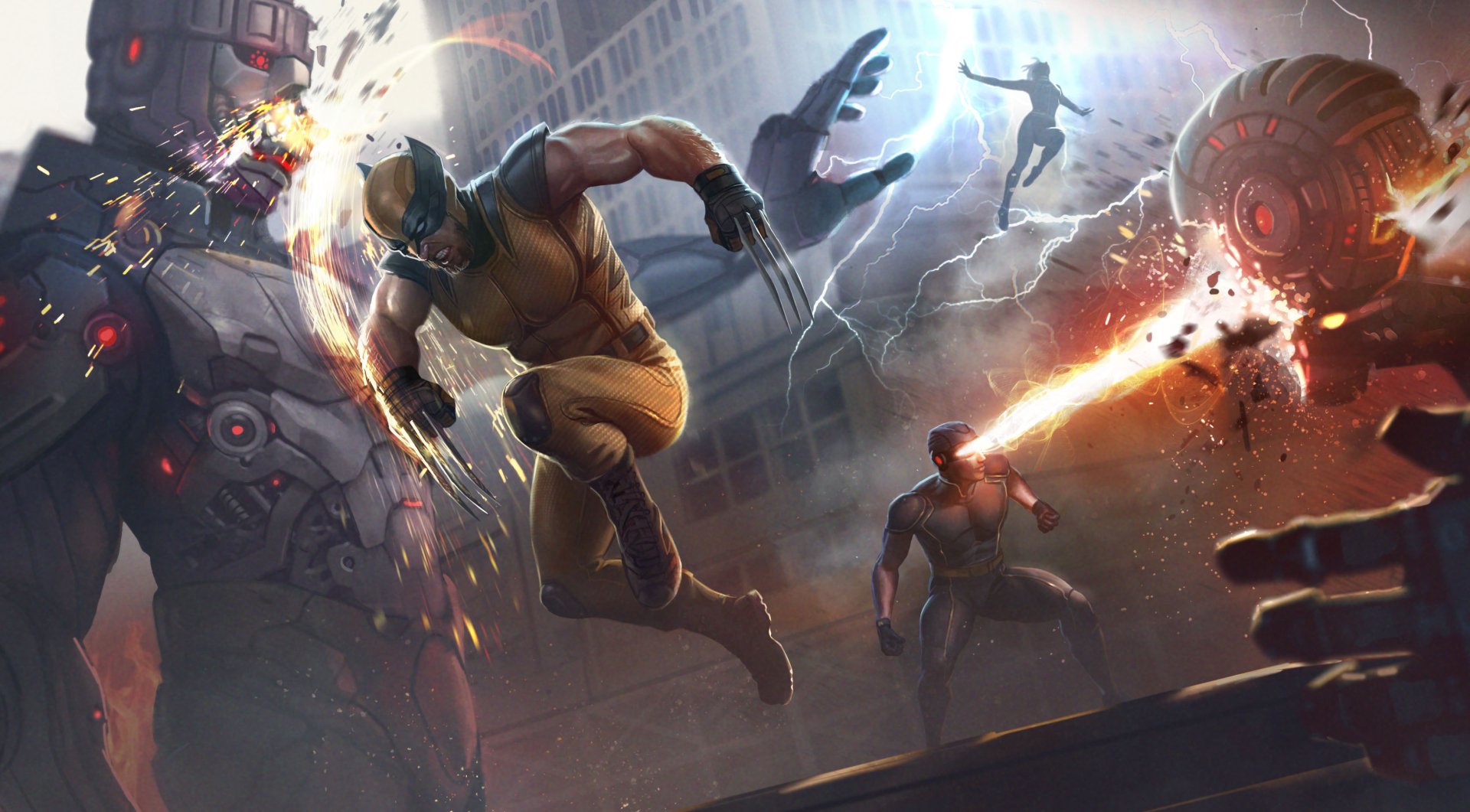 HD PC desktop wallpaper featuring X-Men mutants Wolverine, Cyclops, and Storm battling a Sentinel robot in a dynamic comic-style scene.