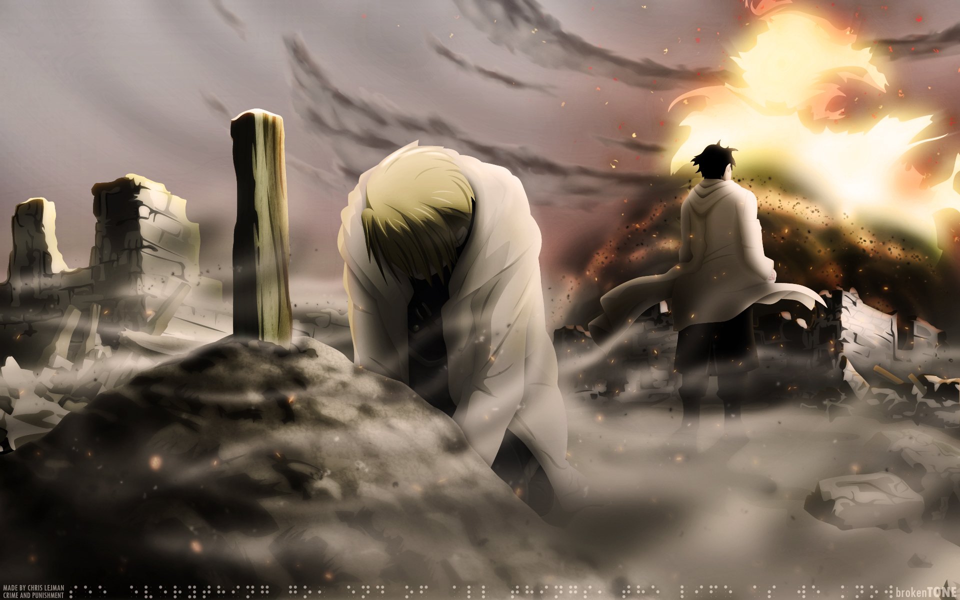 Riza Hawkeye and Roy Mustang from Fullmetal Alchemist stand in a desolate landscape, with ominous skies and an explosion in the background, capturing a dramatic moment from the anime.