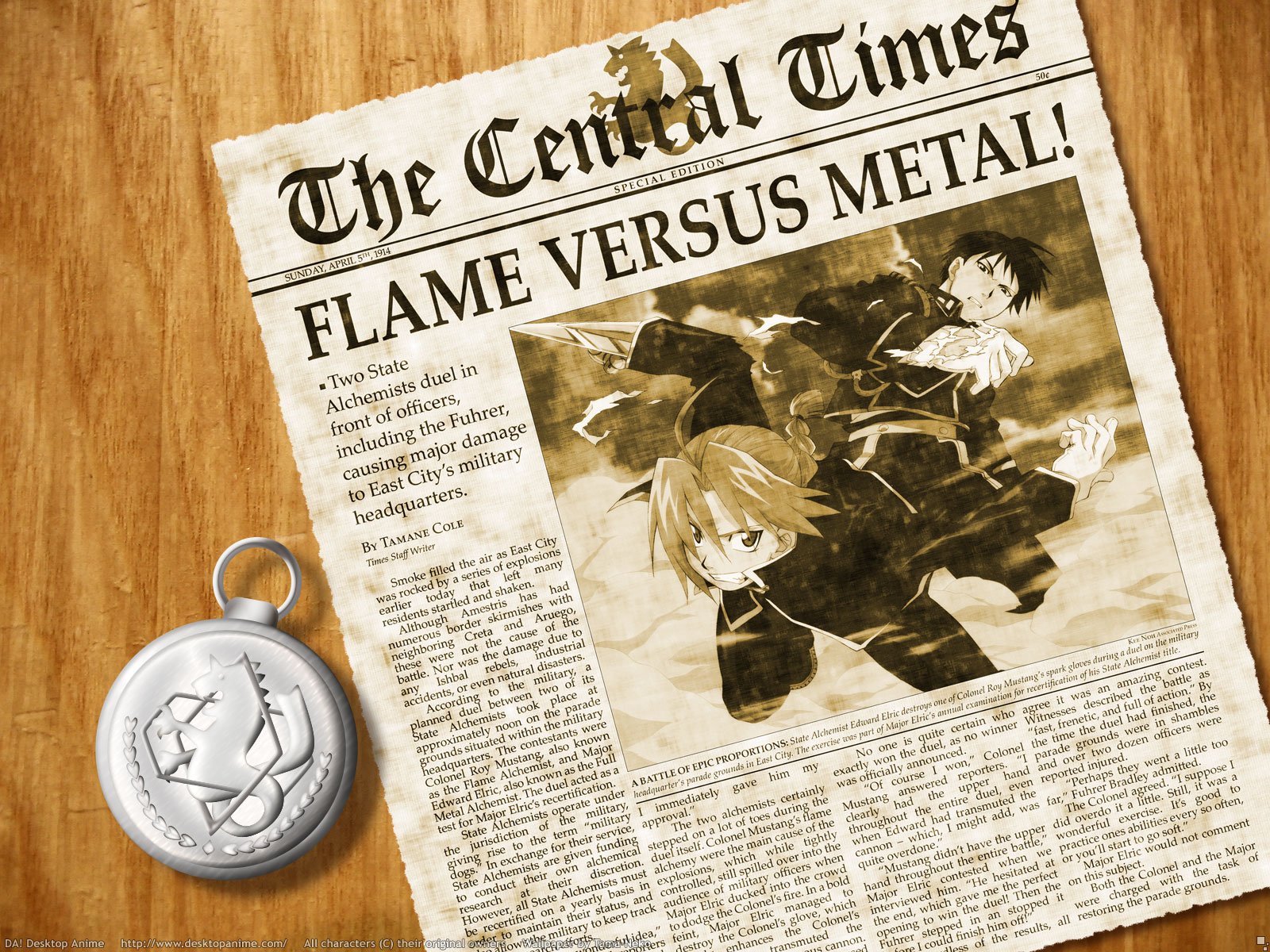 A vintage newspaper featuring Roy Mustang and Edward Elric from Anime Fullmetal Alchemist, showcasing the headline Flame Versus Metal. Complements any HD PC desktop wallpaper collection.