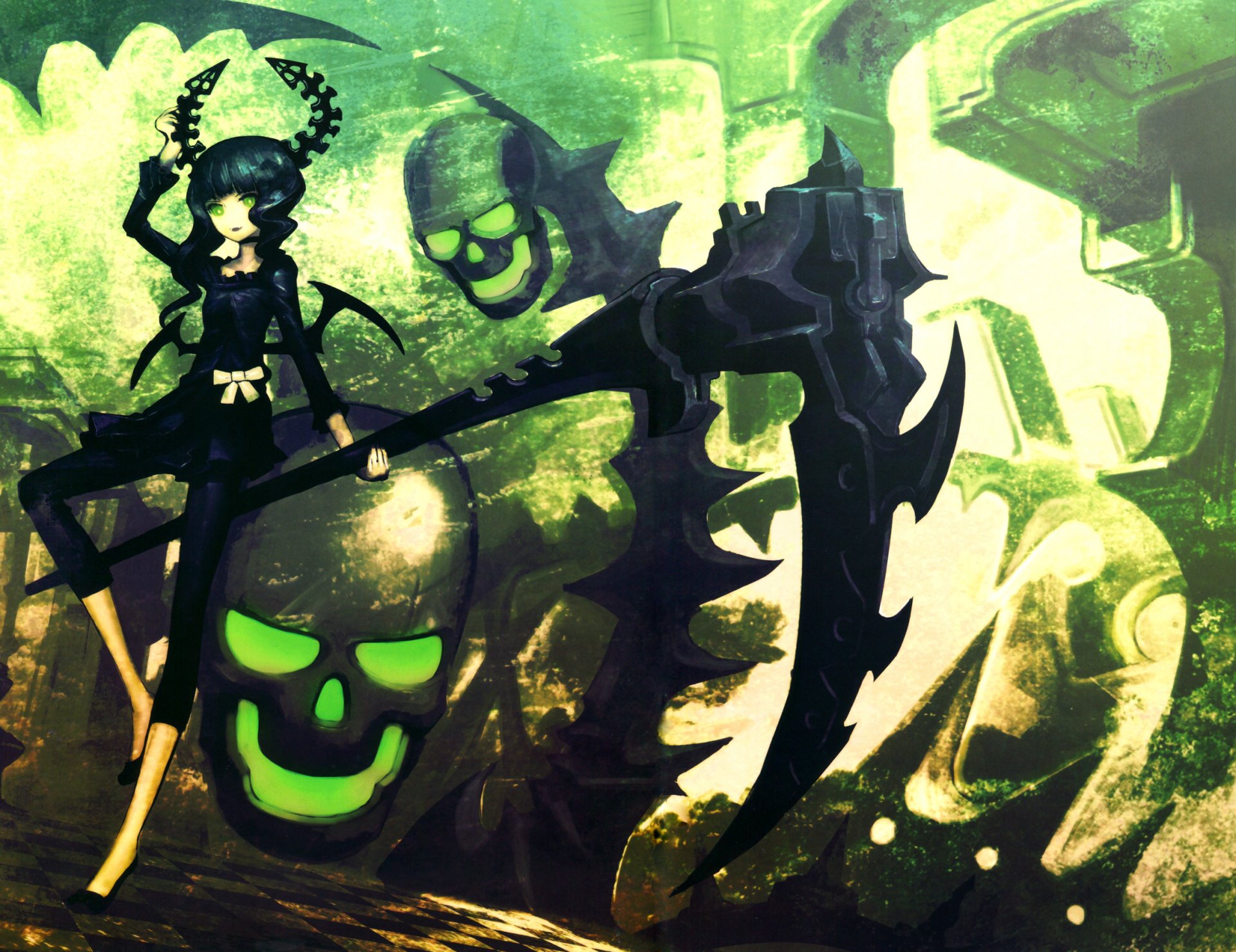 HD PC wallpaper of Dead Master (Black Rock Shooter): anime antihero in a black dress and skull crown wielding a giant scythe, neon-green skull motifs and shadowy armored figures.