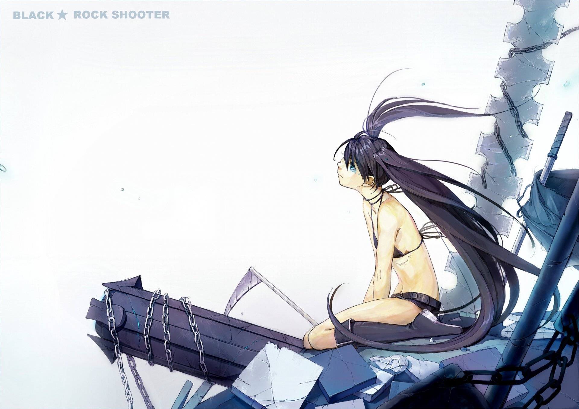 Anime — Black Rock Shooter, 2K Quad HD PC desktop wallpaper: the character in a black bikini sits on broken machinery, long dark hair trailing against a pale sky.