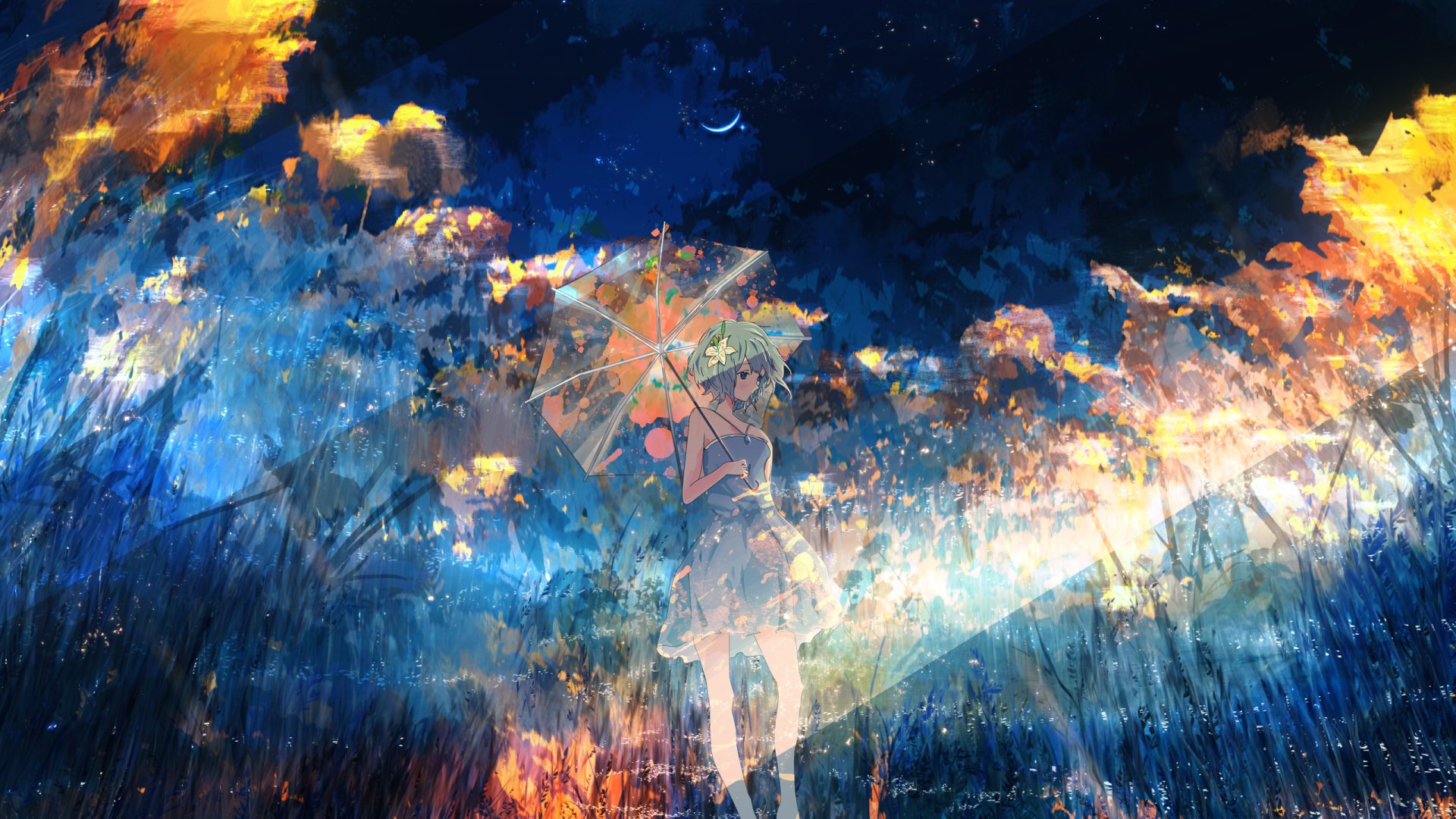 HD desktop wallpaper featuring an anime-style character with short hair holding an umbrella, set against a vibrant night sky with colorful clouds and a crescent moon.