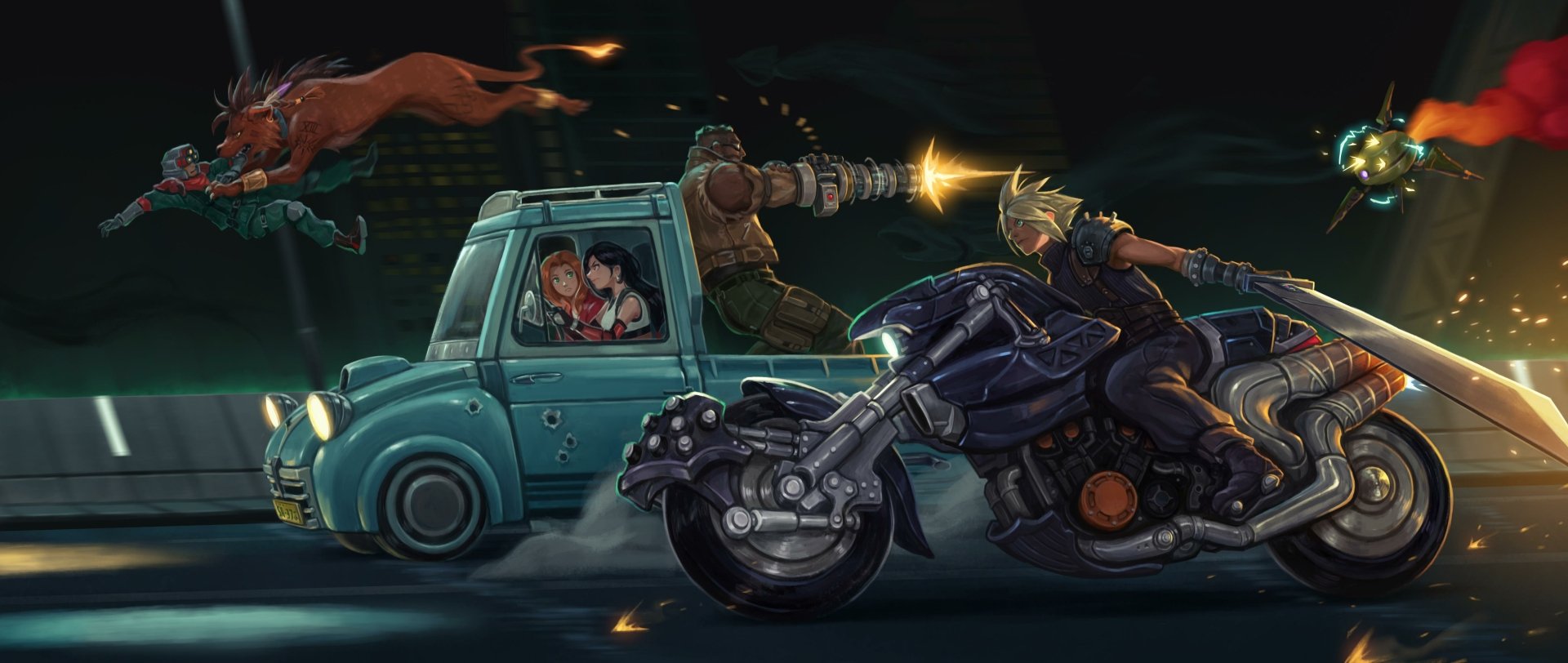 4K Ultra HD PC wallpaper featuring Final Fantasy characters Tifa Lockhart and Cloud Strife in an action-packed scene from Final Fantasy VII and XV video games.