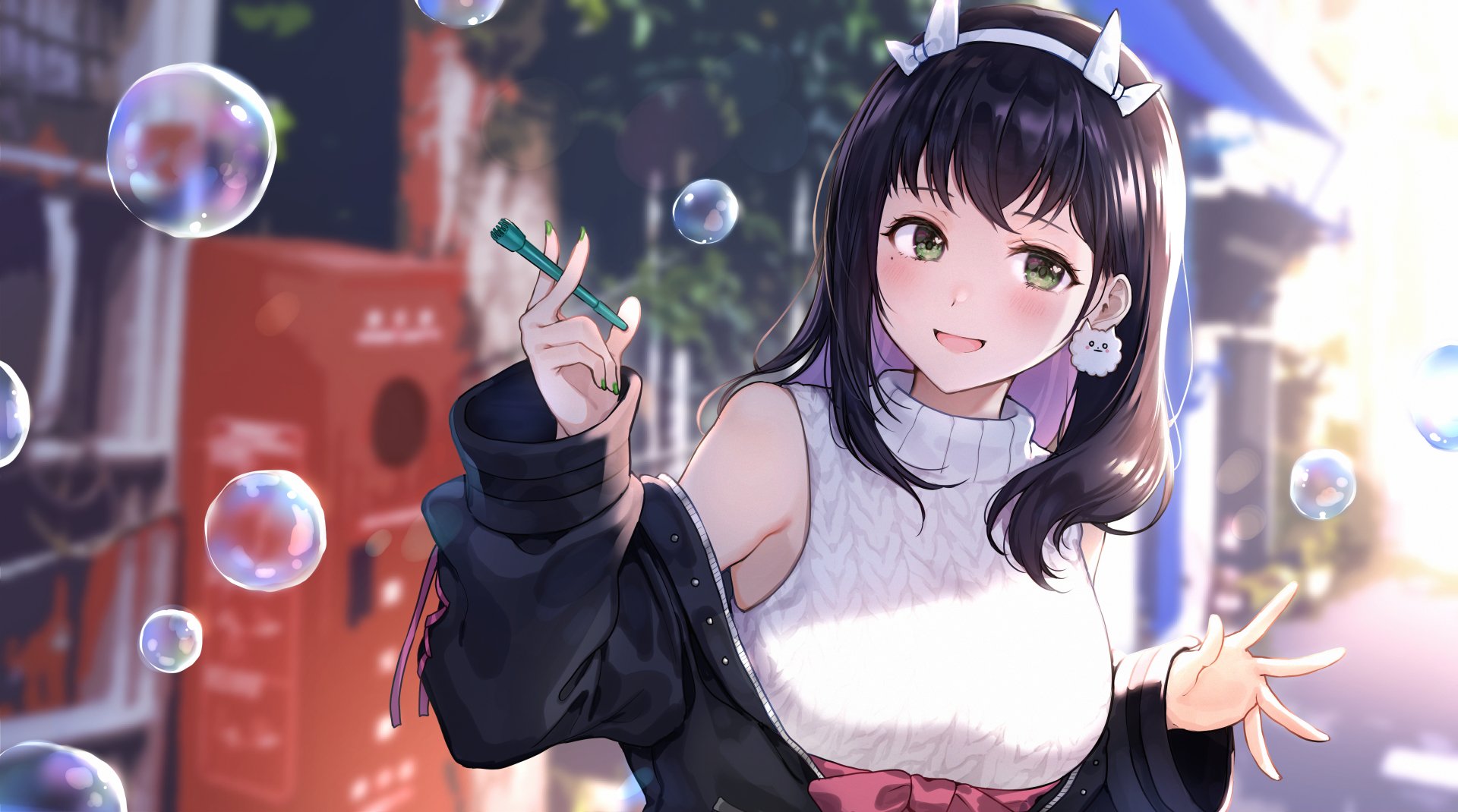 Anime-style original character with purple hair and green eyes, depicted in vibrant 4K Ultra HD quality, surrounded by bubbles in an outdoor setting.
