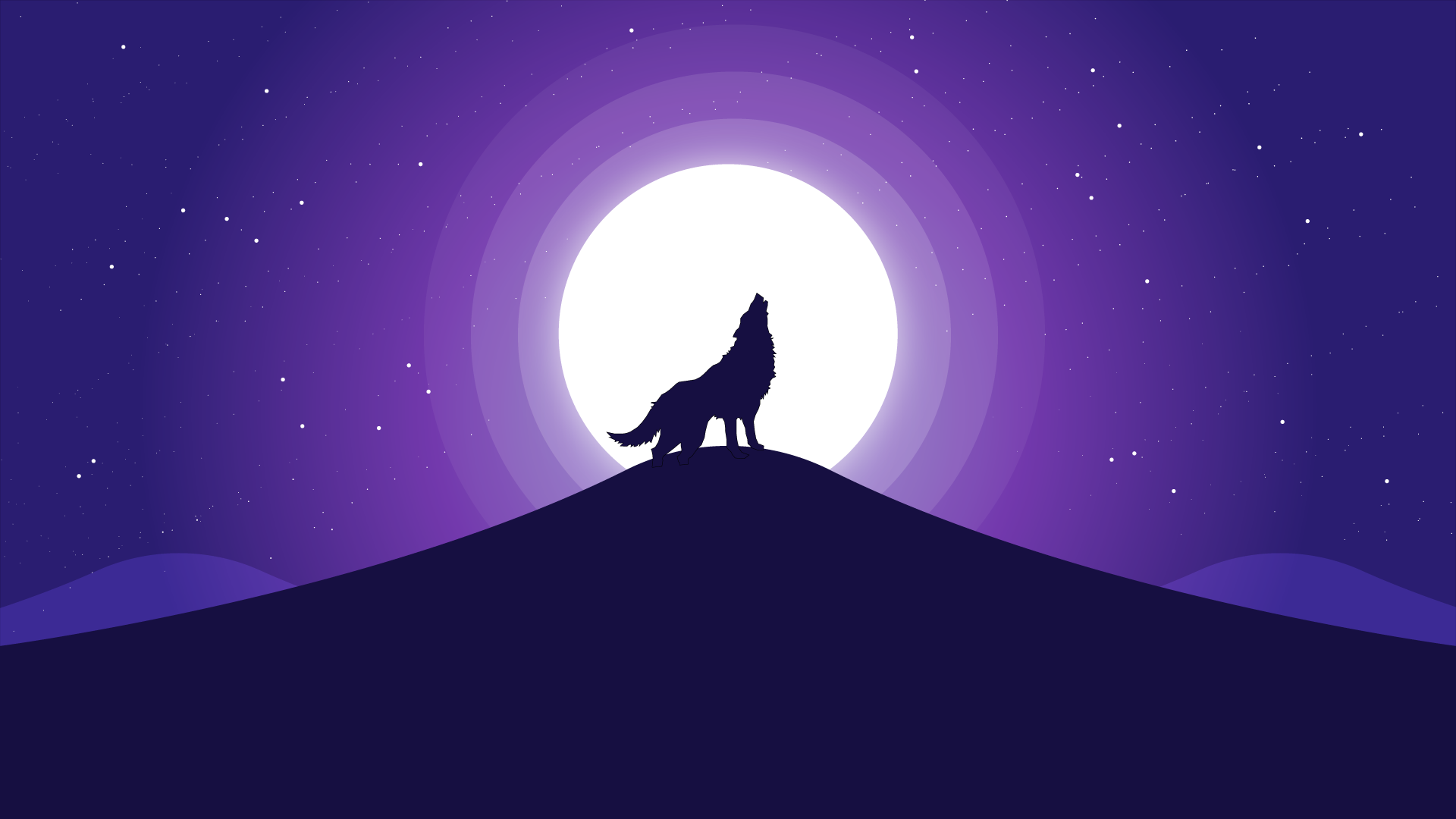 Illustration of a wolf howling at a full moon on a hilltop at night, rendered in vector style for a 4K Ultra HD PC desktop wallpaper background.