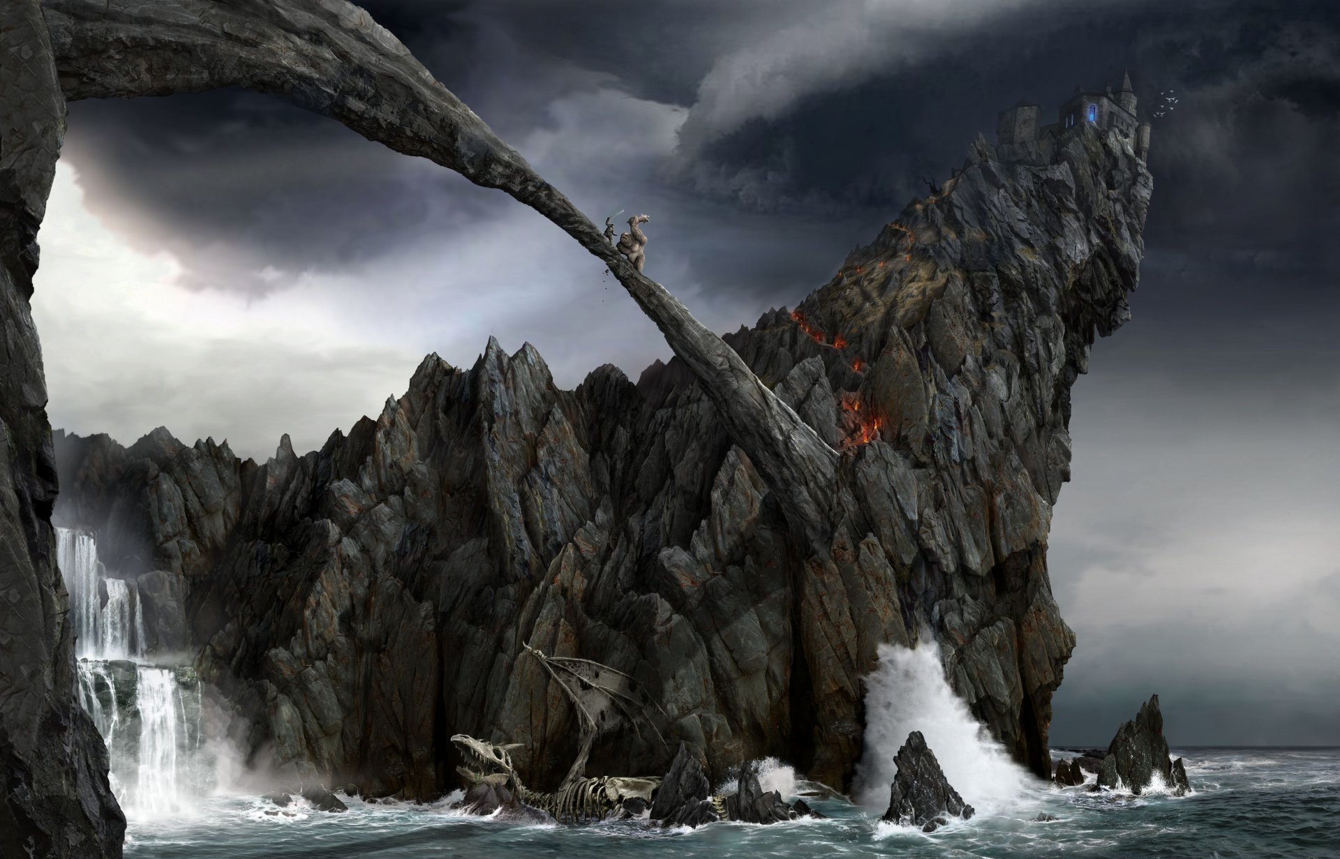 A dramatic fantasy landscape featuring jagged volcanic cliffs, cascading waterfalls, stormy skies, and a ship navigating turbulent waters, rendered in 4K Ultra HD detail.