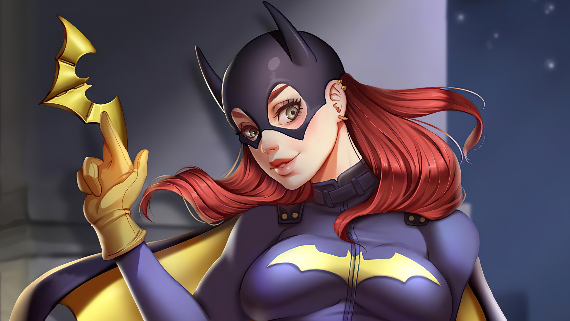 Batgirl with flowing red hair in comic-style DC Comics art, masked and gloved with yellow bat emblem and cape — 4K Ultra HD PC desktop wallpaper background.
