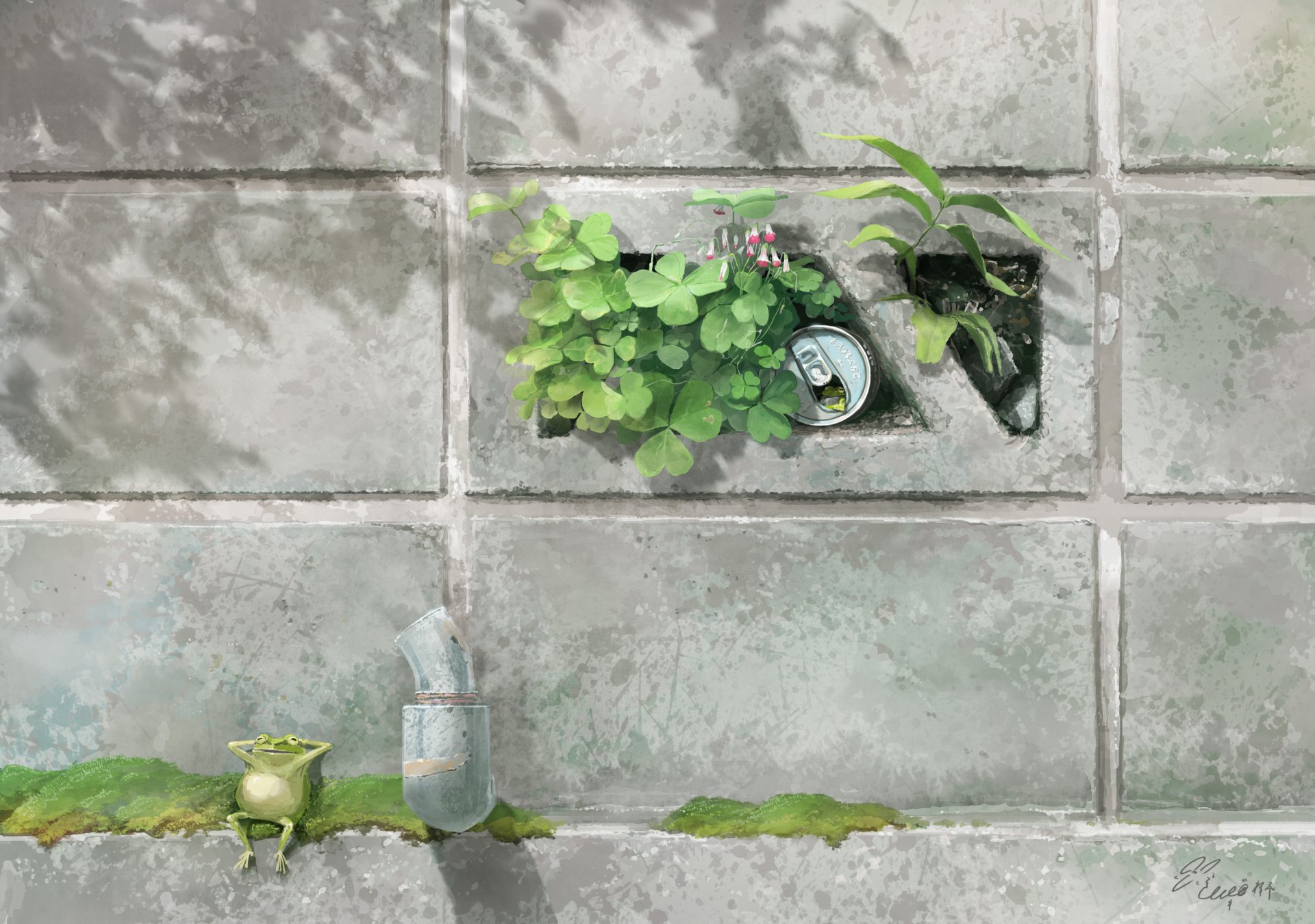 HD desktop wallpaper featuring an artistic anime-style image of a frog near a clover plant and a water bottle, set against textured stone tiles.