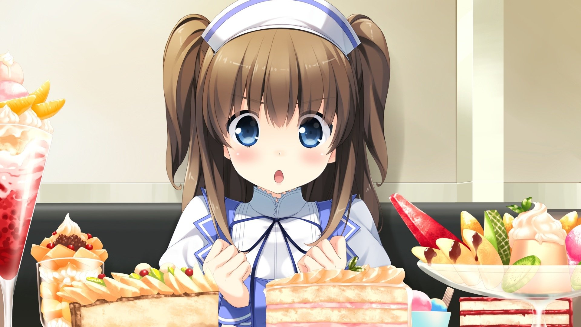 Anime-style original HD PC desktop wallpaper featuring a surprised girl with twin ponytails surrounded by various colorful desserts.
