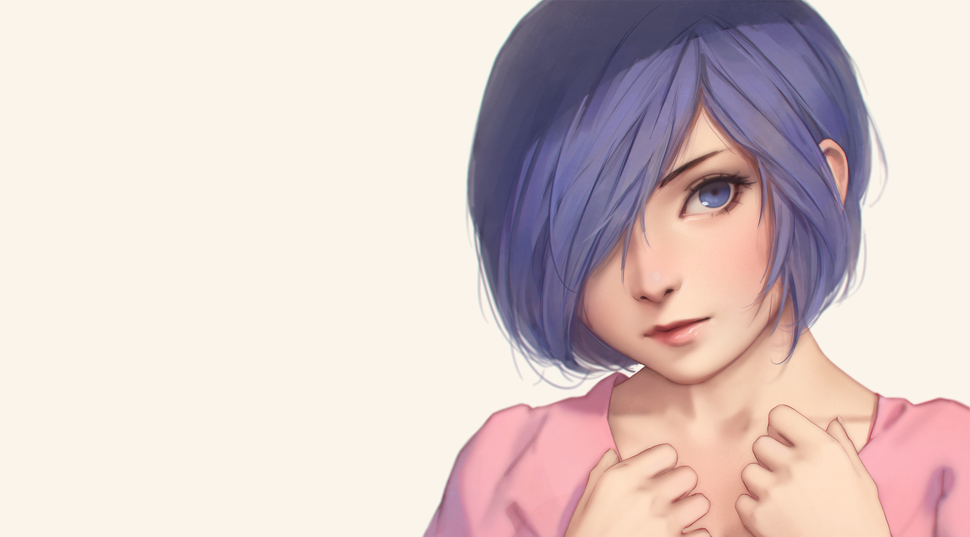 HD anime desktop wallpaper featuring Touka Kirishima from Tokyo Ghoul with short blue hair and a soft expression against a plain background.