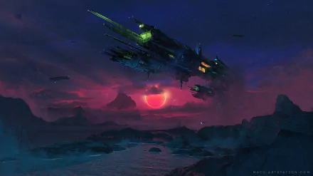 HD sci-fi desktop wallpaper featuring a large spaceship hovering over a dark alien landscape with a glowing red sun setting in the background.