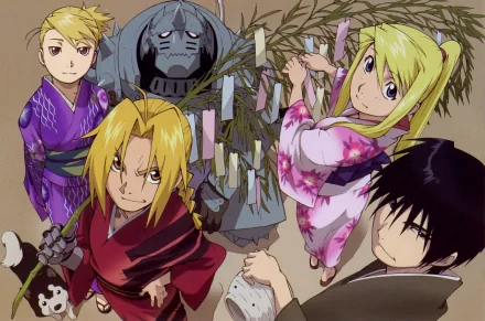 An HD desktop wallpaper of characters from Fullmetal Alchemist, featuring Riza Hawkeye, Roy Mustang, Alphonse Elric, Winry Rockbell, and Edward Elric, all in anime style and celebrating a festival.