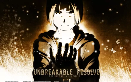HD desktop wallpaper featuring Edward Elric from the anime Fullmetal Alchemist with the text Unbreakable Resolve on a glowing, dramatic background.