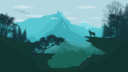 Artistic 4K Ultra HD landscape wallpaper featuring a wolf howling on a cliff, surrounded by trees and distant mountains under a pale sky with flying birds.