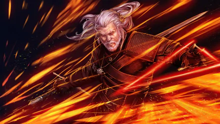 Geralt of Rivia from The Witcher 3: Wild Hunt in dynamic action, surrounded by fiery streaks, rendered in vivid 4K Ultra HD for PC desktop wallpaper.