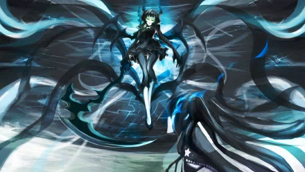 HD desktop wallpaper featuring Dead Master from Black Rock Shooter anime. Dramatic scene with dark, swirling energy and Dead Master on one side, another character on the opposite side.
