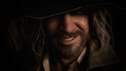 Close-up of Karl Heisenberg from Resident Evil Village, captured in 4K Ultra HD with detailed shadows and intense expression for a PC desktop wallpaper.