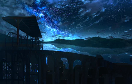 HD desktop wallpaper featuring a stunning anime night scene under a starry sky with shimmering stars above an intricately designed bridge and serene landscape.