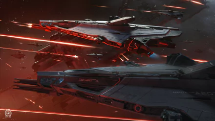 A high-definition wallpaper featuring spaceships engaged in a battle, inspired by the video game Star Citizen, with dramatic red laser beams illuminating the scene.