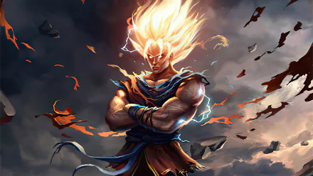 HD anime desktop wallpaper featuring Goku from Dragon Ball Z in his glowing Super Saiyan form, surrounded by fiery energy and a stormy sky background.