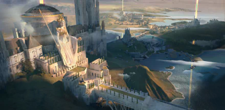 HD PC desktop wallpaper featuring a fantasy city with grand buildings and a towering statue overlooking a vast, serene landscape with water and distant structures.