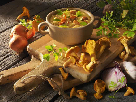 still life garlic soup food mushroom HD Desktop Wallpaper | Background Image