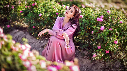 lipstick long hair pink dress woman model HD Desktop Wallpaper | Background Image