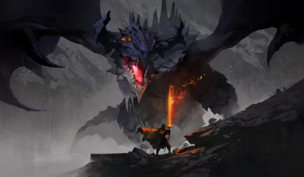 A fantasy warrior with a glowing sword faces a towering, fiery dragon in a dark, misty landscape, captured in this HD PC desktop wallpaper.