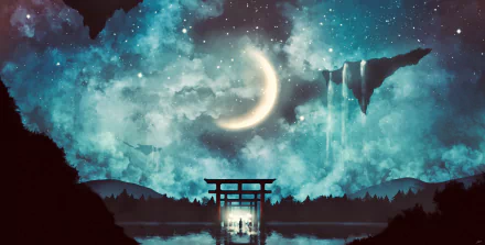 A stunning HD anime wallpaper depicting a starry night sky with a crescent moon, featuring a torii gate highlighted against an ethereal blue background, creating a dreamy, night-time atmosphere.