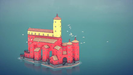 HD desktop wallpaper featuring a whimsical red structure from Townscaper on a serene water backdrop, with birds flying around.