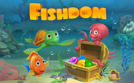 HD desktop wallpaper featuring animated Fishdom characters—a turtle, octopus, and fish—underwater with a treasure chest.