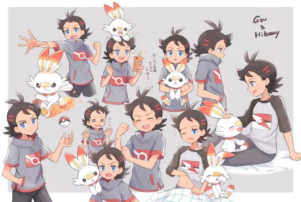 two-toned hair smile black hair pajamas blue eyes cute pokeball Scorbunny (Pokémon) Goh (Pokémon) Anime Pokemon cute anime HD Desktop Wallpaper | Background Image