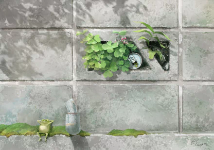 HD desktop wallpaper featuring an artistic anime-style image of a frog near a clover plant and a water bottle, set against textured stone tiles.
