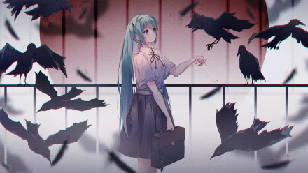 Anime-style 4K Ultra HD wallpaper featuring Hatsune Miku with long blue hair and blue eyes in a school uniform, surrounded by crows in a moody, misty setting.