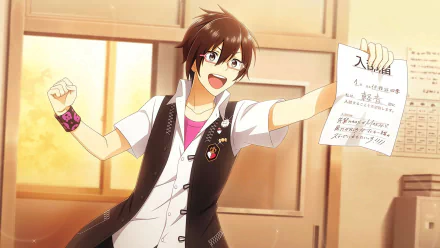 HD PC desktop wallpaper featuring Shiki Iseya from the anime THE iDOLM@STER: SideM, showing him smiling and holding up a paper in a warmly lit room.