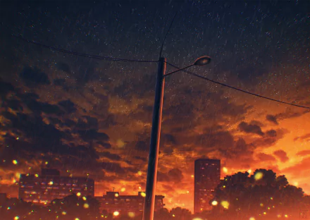 HD anime-style desktop wallpaper depicting a rainy sky at sunset, with dark clouds, city buildings, and a streetlight in the foreground.