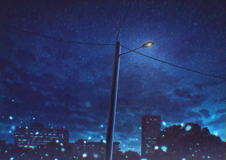 Anime-style night sky with rain, illuminated streetlamp, and city buildings, captured as a high-definition PC desktop wallpaper background.