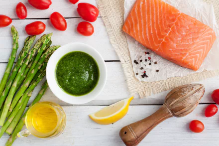 fish asparagus salmon tomato food still life HD Desktop Wallpaper | Background Image