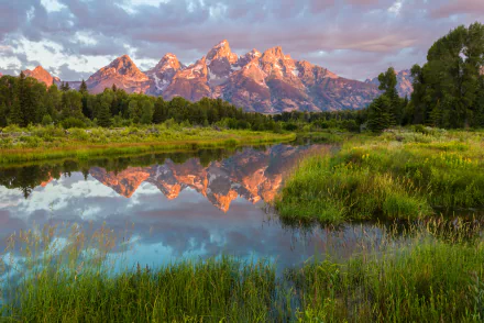 reflection nature mountain landscape water grass grand teton national park HD Desktop Wallpaper | Background Image