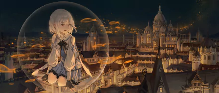 An anime girl with short white hair sits inside a bubble overlooking a beautifully lit city at night, with floating fish in the sky. The scene is set as an HD desktop wallpaper and background.
