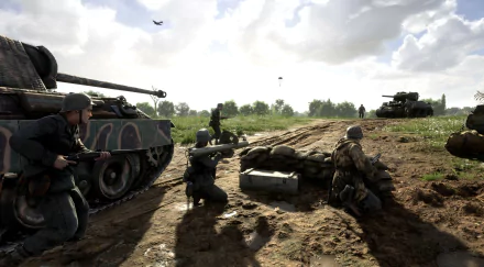 HD desktop wallpaper from Hell Let Loose featuring soldiers with tanks on a battlefield under a cloudy sky.
