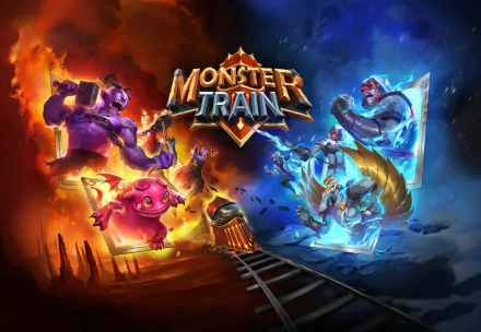 HD desktop wallpaper featuring colorful characters from Monster Train battling on and around a fantastical train.