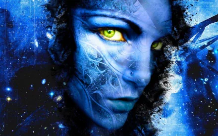 An artistic rendering of a woman's face with vivid blue and yellow tones, set against a cosmic background. This HD desktop wallpaper and background has a surreal and mystical aesthetic.