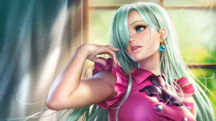 High-resolution 4K wallpaper featuring Elizabeth Liones from The Seven Deadly Sins with long green hair and striking blue eyes in detailed anime style.