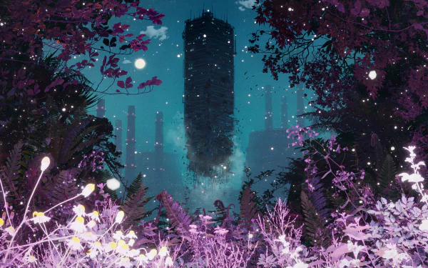 HD desktop wallpaper featuring a mystic landscape with a towering skyscraper surrounded by ethereal purple flora under a starry sky.