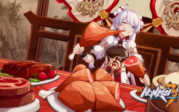 Kiana Kaslana, video game character from Honkai Impact 3rd, at a lavish feast, biting a dumpling amid plates of pastries and meats — 4K Ultra HD PC desktop wallpaper.
