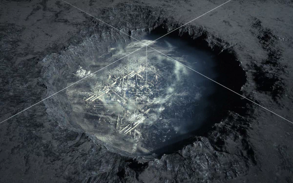 HD desktop wallpaper of a city nestled within a crater, surrounded by mountains, with a glowing center, tagged with City.