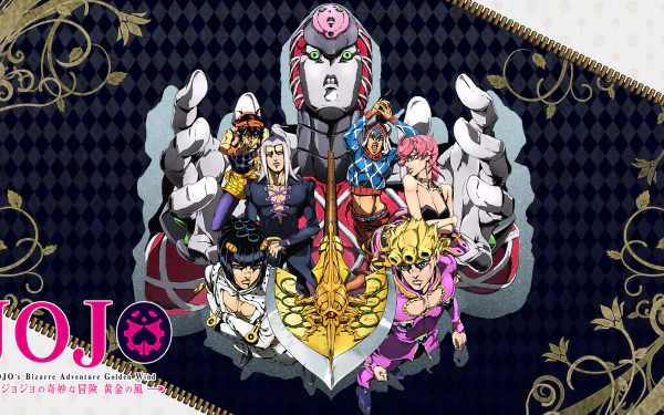 HD desktop wallpaper featuring Bruno Bucciarati, King Crimson, Giorno Giovanna, and other characters from JoJo's Bizarre Adventure: Golden Wind in a dynamic anime style.