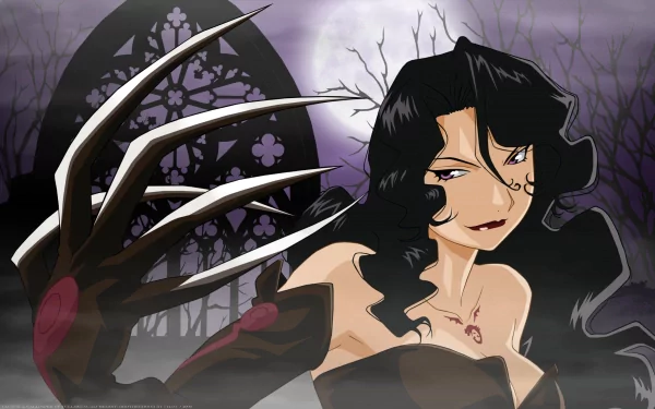 HD anime desktop wallpaper featuring Lust from Fullmetal Alchemist with dark, eerie background and sharp clawed hand in a gothic, mysterious setting.