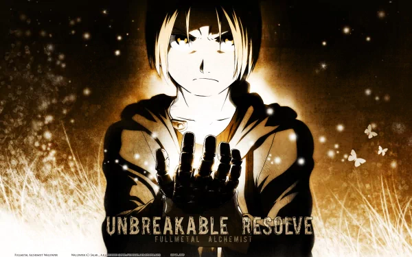 HD desktop wallpaper featuring Edward Elric from the anime Fullmetal Alchemist with the text Unbreakable Resolve on a glowing, dramatic background.